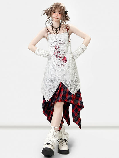 袖付きホワイトデザインカットアウトキャミソールプリントドレスの詳細Y2K