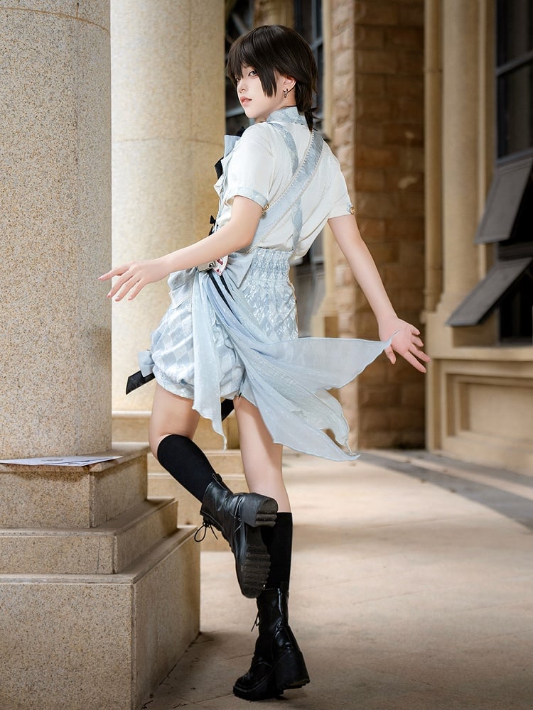 Schleife Alice Muster Wunderland Lolita in + Blau Weiß Outfit Overall - Shorts Vibes Ouji Diamond Shirt