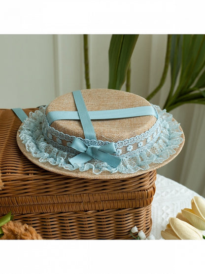 Blue Bow Mini Hat with Lace Trim - With PUJI