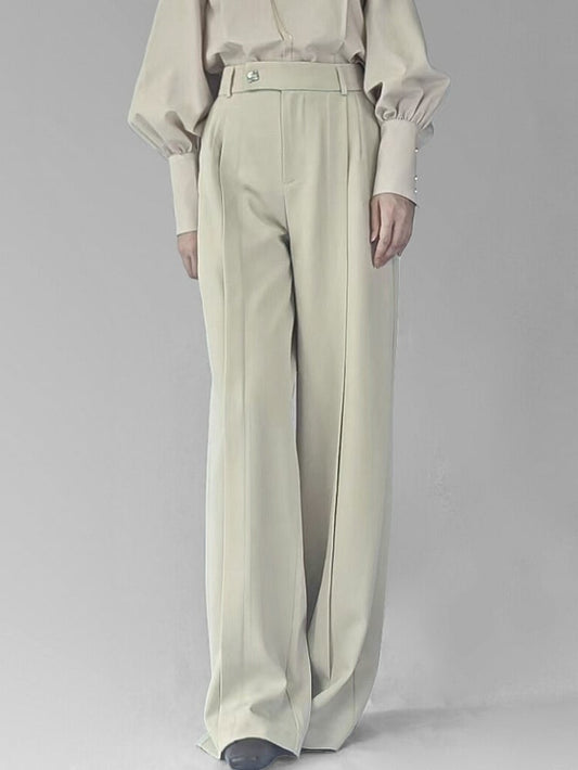 Pants Partial Elastic Waistband Cut Style with Beige in Unisex Chinese Straight-leg