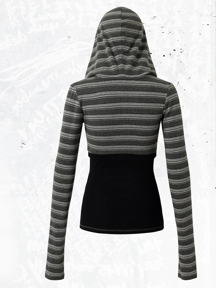 Black Striped V-Neck Hooded Knit Top with Long Sleeves & Faux Two-Piece Punk Style - NO ROMANCE