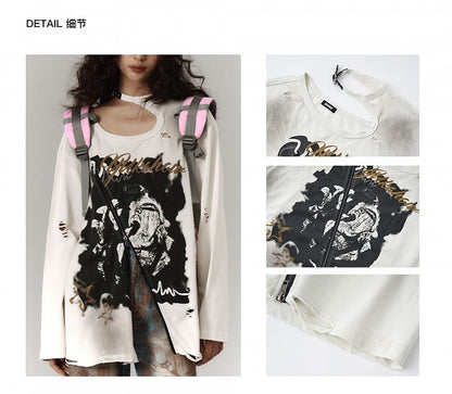 Zipper and Detail White Distressed Top with Cutout Shoulder