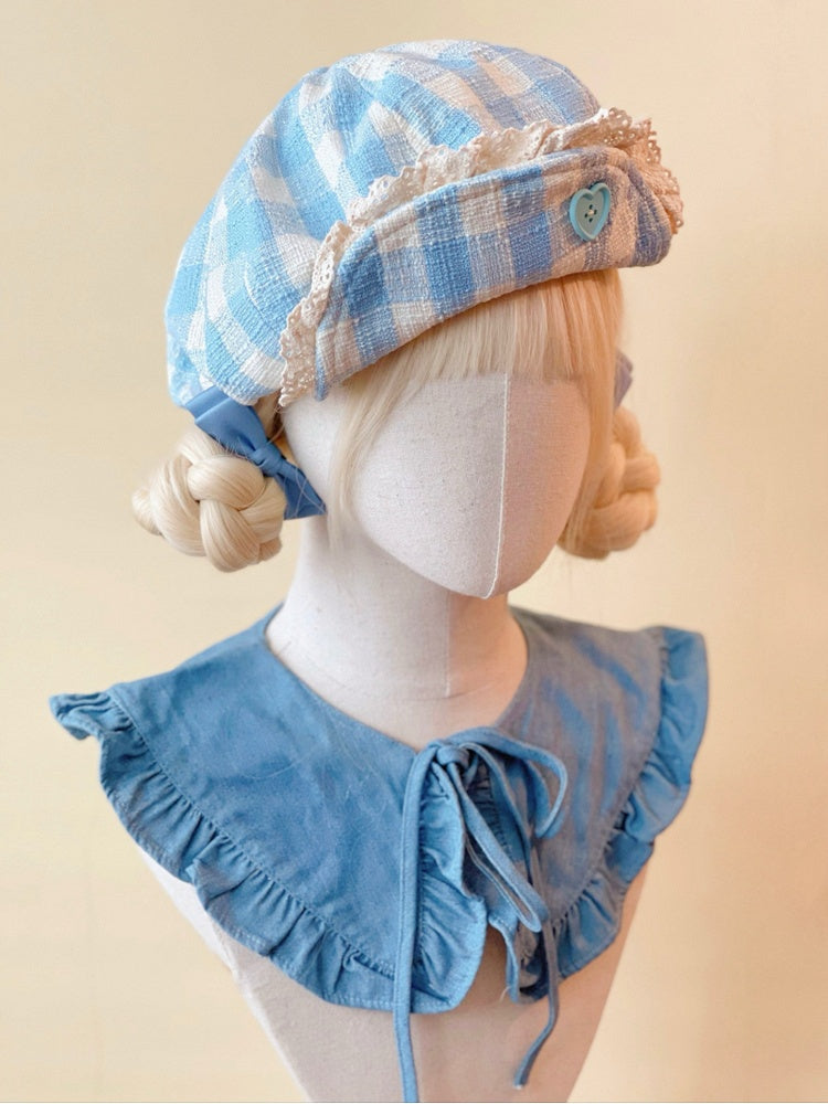 Heart-Shaped Button Hat Lace Blue Beret with Trim Plaid White