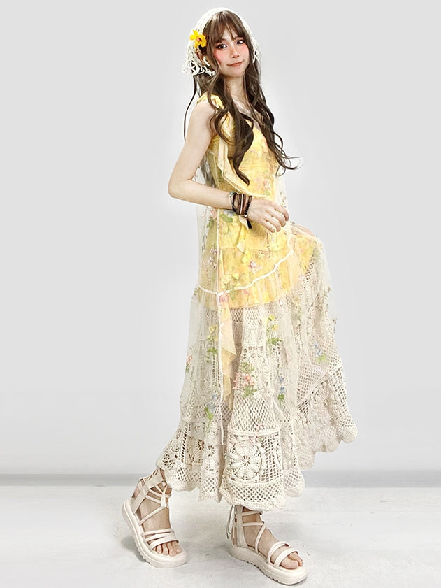 花柄ドレス ホワイト アシンメトリー イエロー ベージュ ホリデーセット - 透け感のある刺繍 + スカート裾
