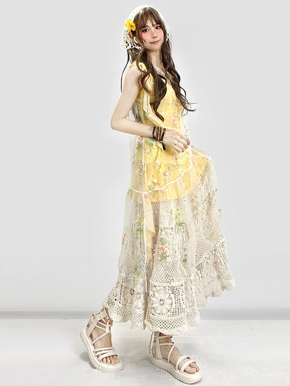 花柄ドレス ホワイト アシンメトリー イエロー ベージュ ホリデーセット - 透け感のある刺繍 + スカート裾