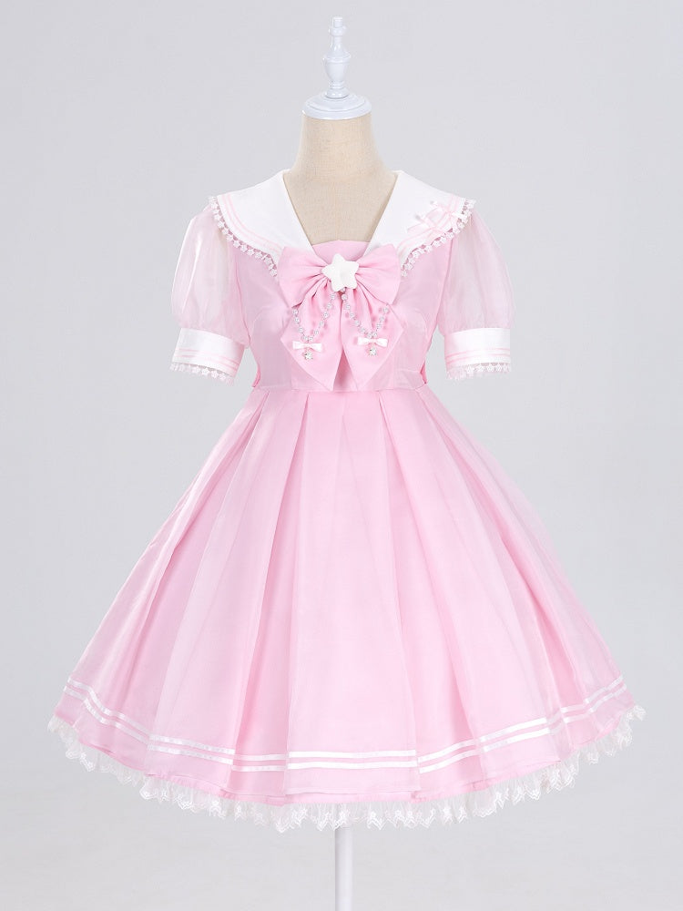 Star Lace Trimmed Sailor Collar Short Sleeves Pink Lolita-inspired Casual Dress with Free Bowtie - Magical Girl - DevilInspired Exclusive Collection