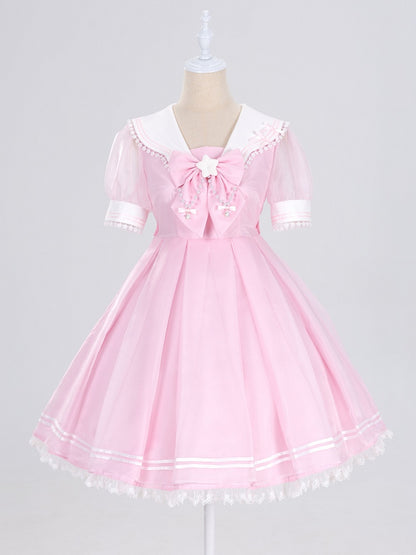 Star Lace Trimmed Sailor Collar Short Sleeves Pink Lolita-inspired Casual Dress with Free Bowtie - Magical Girl - DevilInspired Exclusive Collection