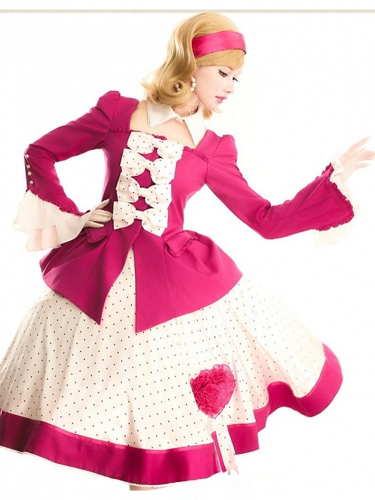 Retro Pink Blazer & Polka Dot Skirt Ensemble with Bow Accents and Detachable Collar - Charing Cross