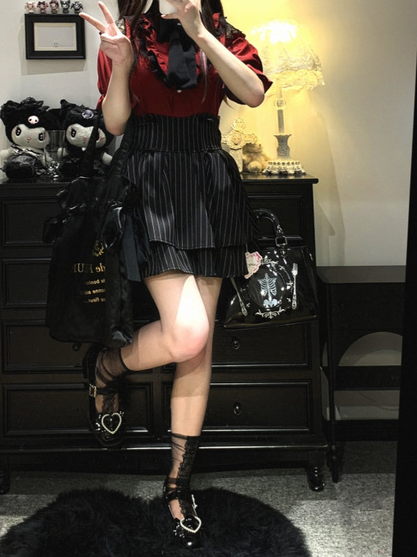 カットアウトショルダーレーストリムブラウスタイ（リボン付き） ジライケイ ブラック/レッド/ピンク/ホワイト