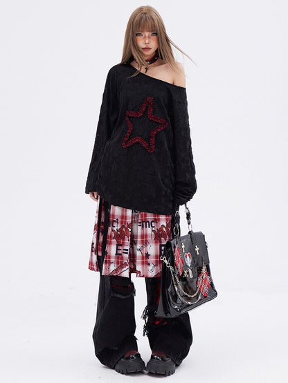 Schwarzes T-Shirt mit langen Ärmeln und Kordelzug und Stern