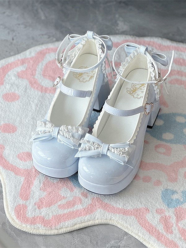 Light Bow Elegant with Blue Mary Lolita Scalloped PU Details Janes Hem