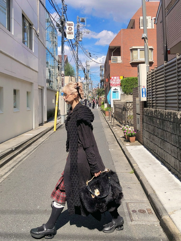 Front Placket Shawl Black Top with Scarf Asymmetrical Button Textured