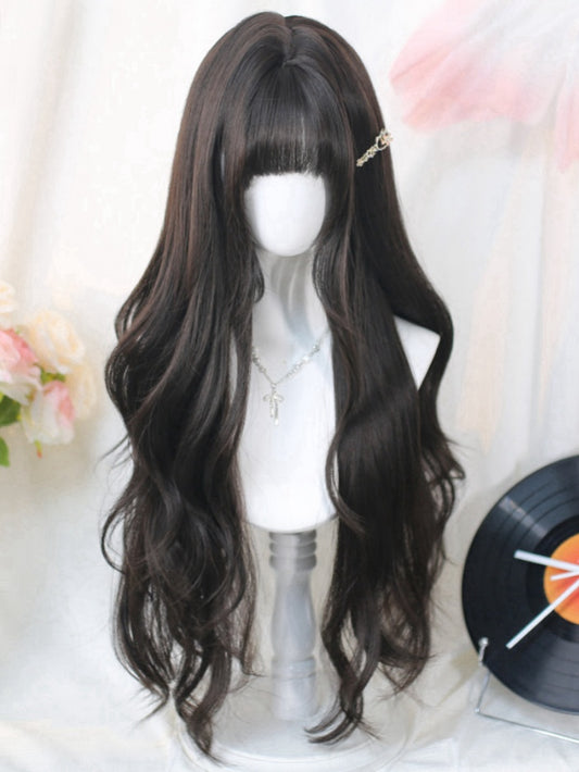 Schwarzer Tee, 65 cm, hüftlange, gewellte Perücke mit Air-Pony