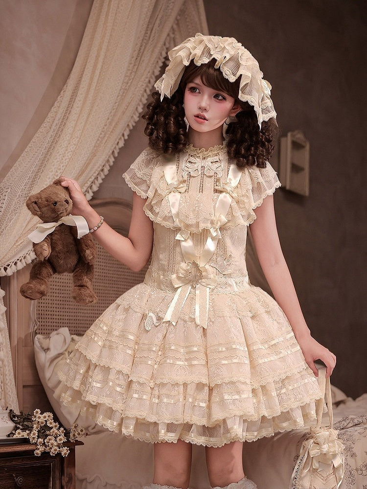 Retro Beige Lolita Lace Gown with Satin Ribbon Accents - Twin Bear Original Design