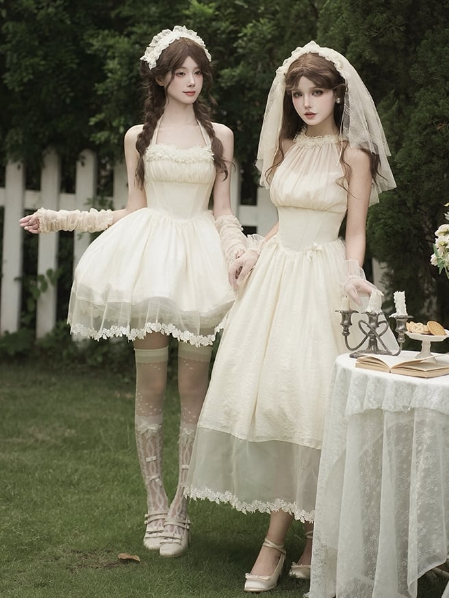 Baskenkleid Neckholder Sommer Beige Kurzer Hals Selbstbinden Stäbchen Taille