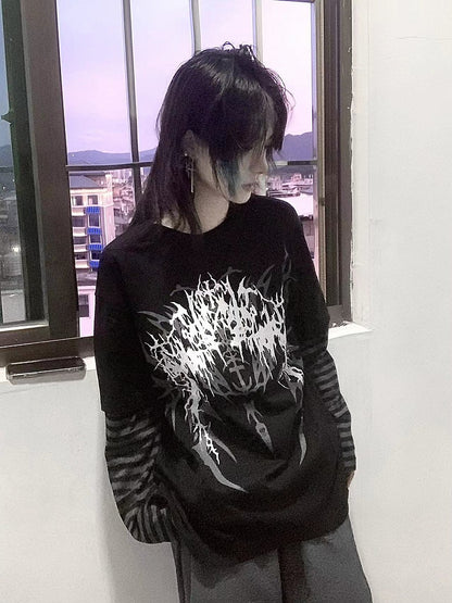 and Dark Top Sleeves Print Faux Gothic Black Two-Piece Striped Fantasy with