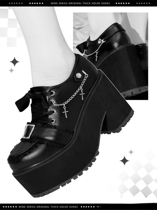 Matte Black Jirai Kei Platform Shoes | Detachable Cross Chain ，Rhinestone Buckle & Ribbon Lacing