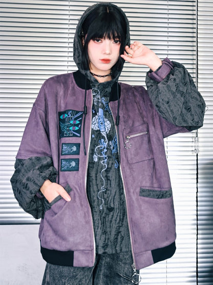 Gothic Gray with Sleeves Suede Jacket Distressed Faux Embroidery Bishop Purple Applique Baseball