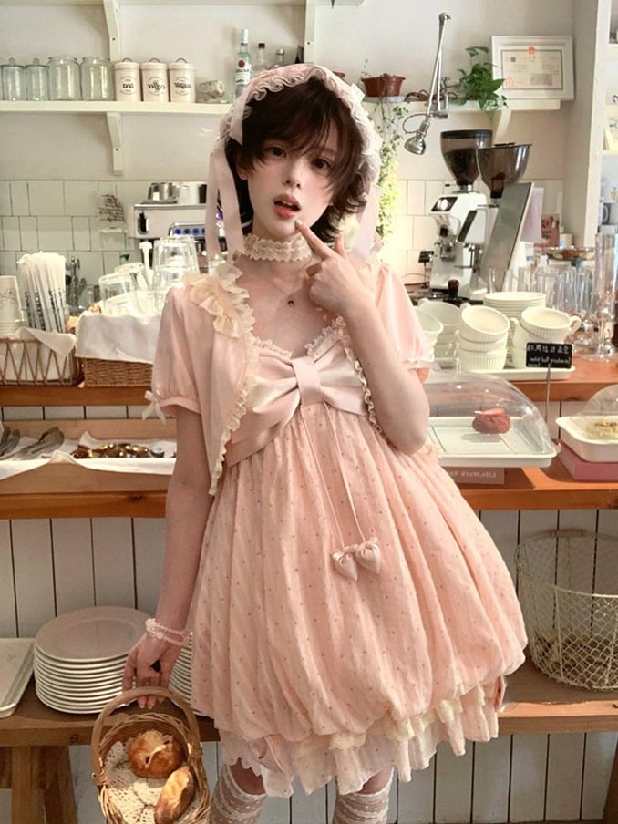 Pink Bow Polka Dot Sleeveless Bubble Dress with Lace - Tan Tuan