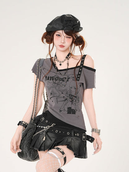 T-shirt Asymmetrical Neckline Slim-fitting Anime Girl Print Gray/White