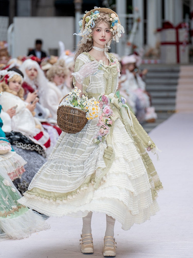 Green Layered Ruffles Elegant Lolita Dress Front Button Placket - Miss Point