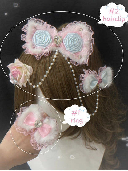 and Pink Style Accessory Lolita Blue Set Designs with Rose Plush Bows Hair