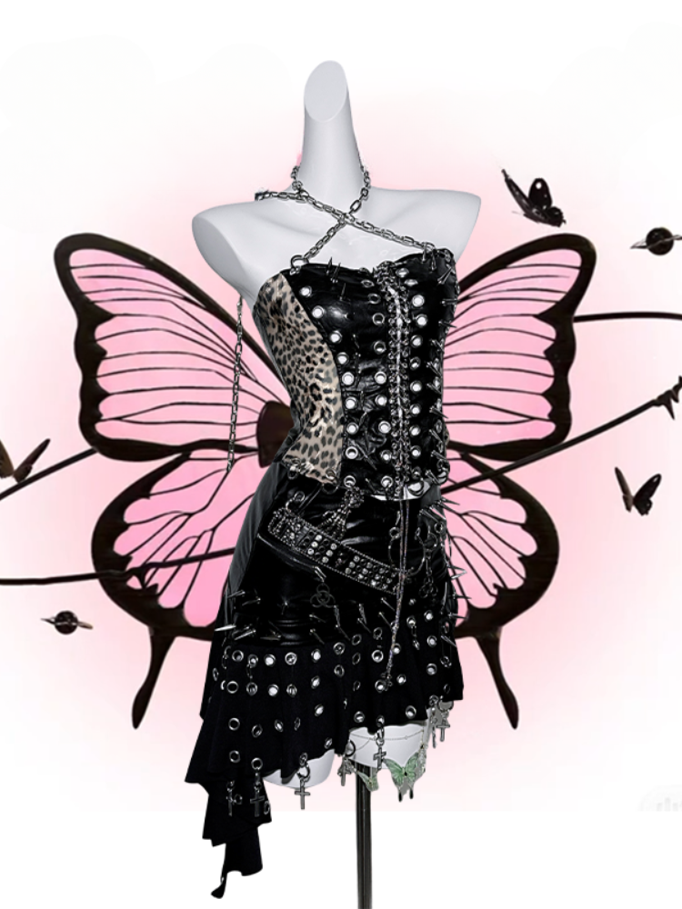 Black Halter Neck Leopard Pattern Stud Ring Corset Top