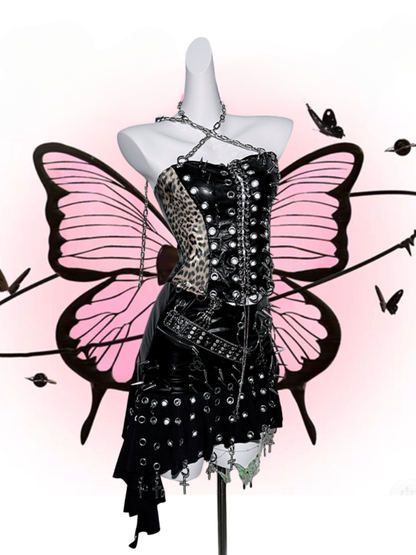 Black Halter Neck Leopard Pattern Stud Ring Corset Top