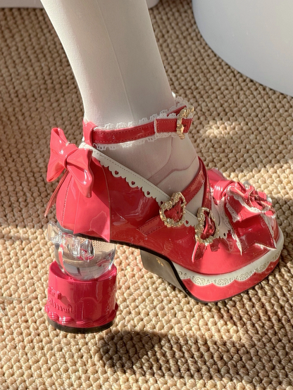 Lace-edged Platforms Transparent Ball-shaped Rose Heels Bow Pink PU - Lolita