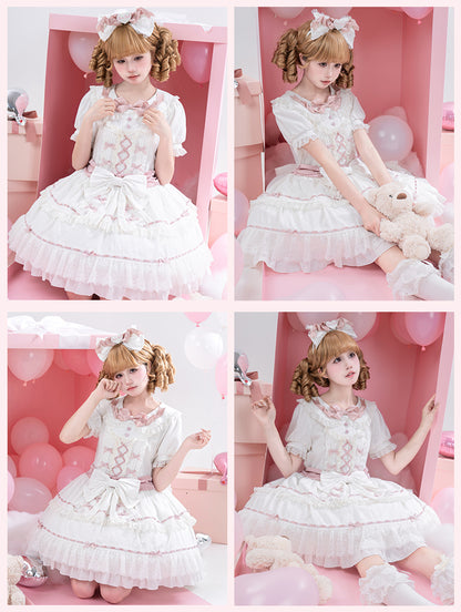 Hime Pink und Peter Pan Kragen Stufenrock Balletcore Lolita Kleid Weiß OP