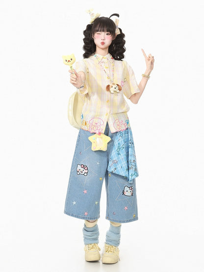 Golden Tartan Short-Sleeve Blouse with Pup Hem and Ribbon Closures - Languid Park