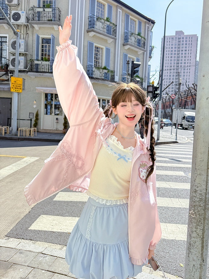 レース ゆめかわいい ピンク ストロベリーアップリケ ジャケット 蝶結び 日焼け防止 フード付き