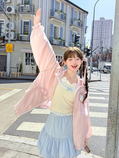 レース ゆめかわいい ピンク ストロベリーアップリケ ジャケット 蝶結び 日焼け防止 フード付き