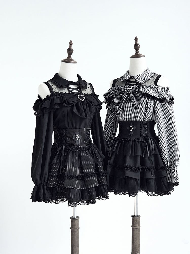 und Detail langes Top Illusion Ärmel Bluse Schulter Jirai mit schwarzem offenen Ausschnitt Kei