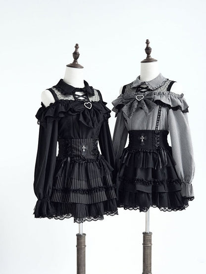 und Detail langes Top Illusion Ärmel Bluse Schulter Jirai mit schwarzem offenen Ausschnitt Kei