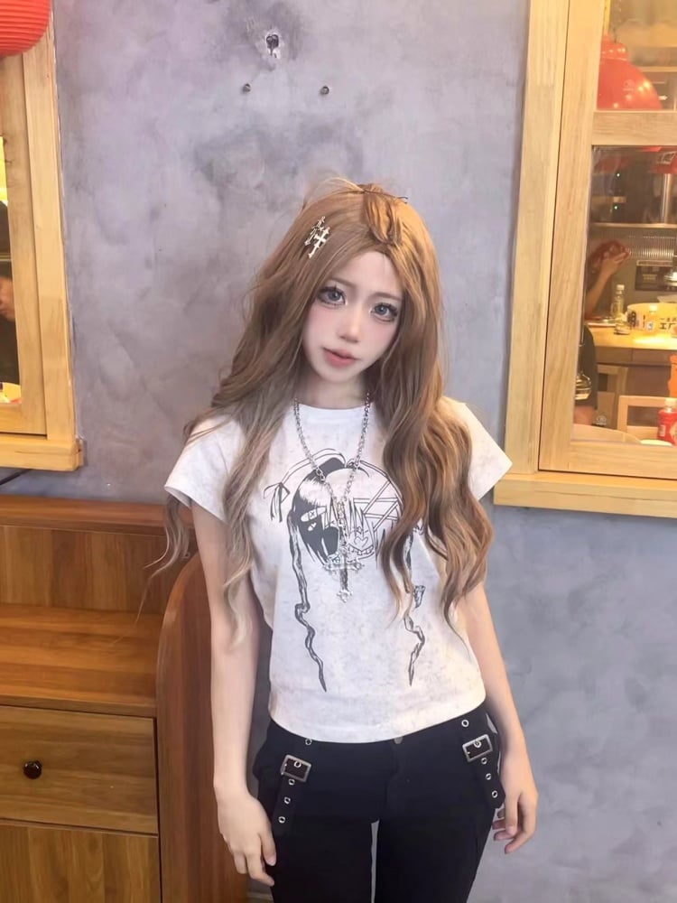 ライトグレー Y2K グラフィック Tシャツ