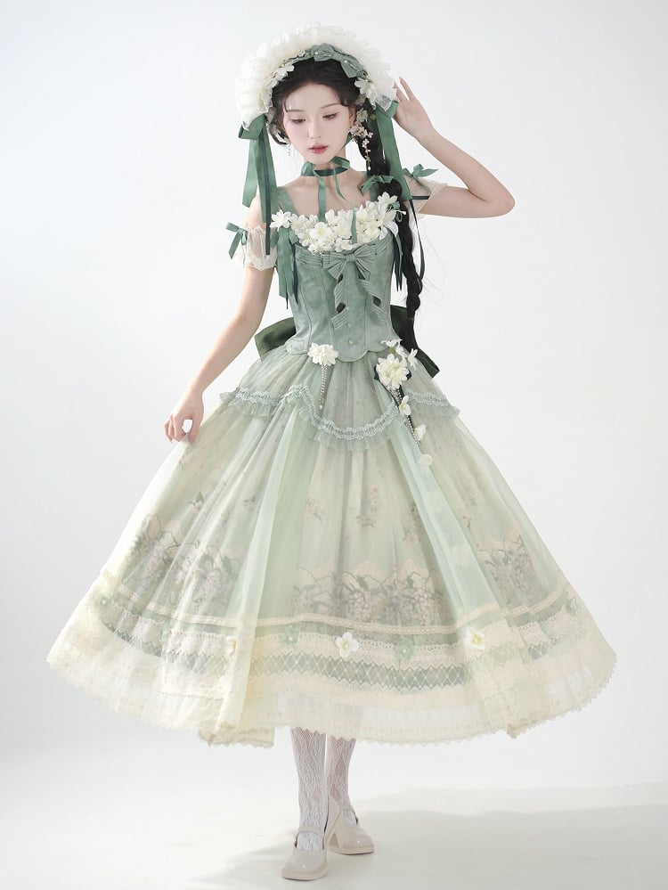 Dekoration Set Jasmin Print Top Grün Rock Lolita Korsett Klassische Lange Floral +