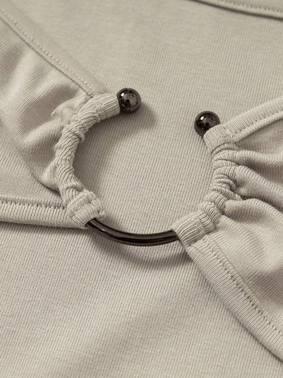 Beige-Grey Knit Short-Sleeve Top with Rhinestone Design - NO ROMANCE