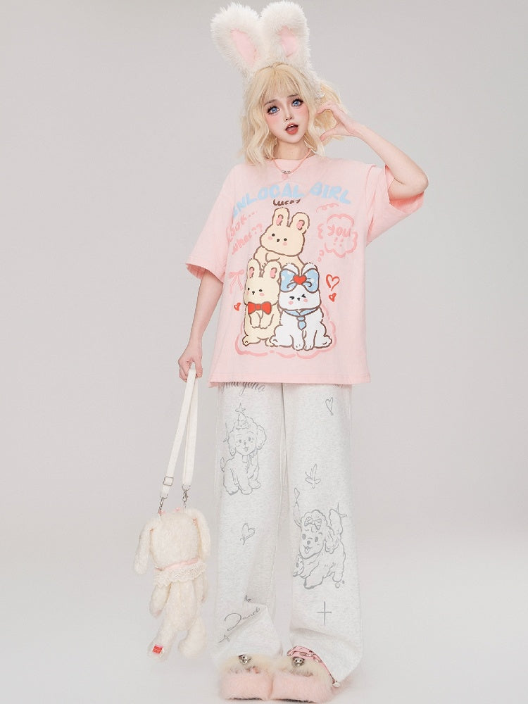 ピンク/ブラック/アプリコットバニーズルーズTシャツ