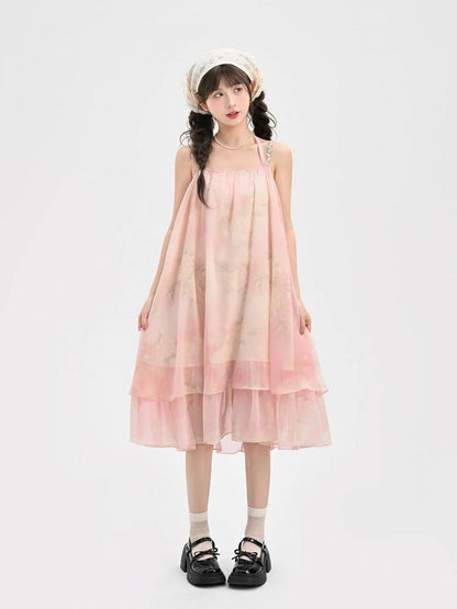 Slip Overdress Dress+Flutter Sleeves Neck Tiered Two-pieces Skirt Polka-dot Yume Kawaii Pink Set-	Halter