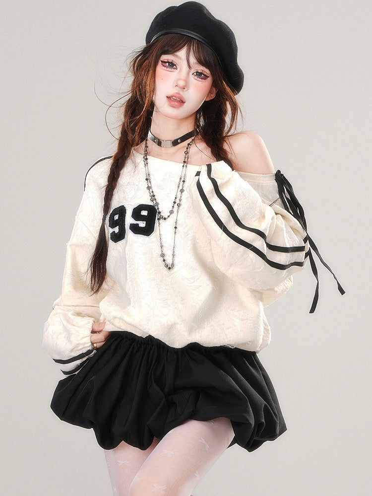 アプリコットアシンメトリーネックラインバブルスカートパッチワークドレス