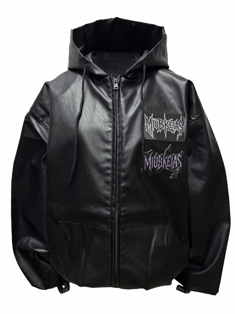 PU Hood Graphic Applique and Jacket Chic with Design Black Moto