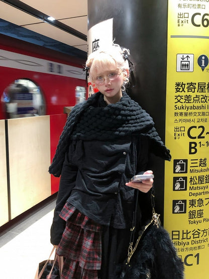 Front Placket Shawl Black Top with Scarf Asymmetrical Button Textured