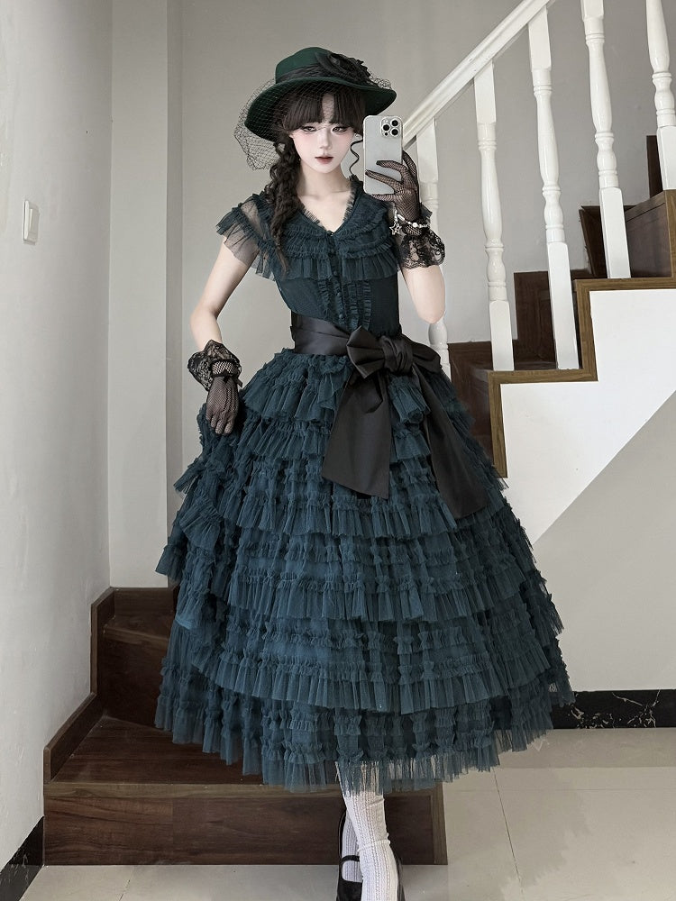 Cotton Tulle Skirt Waist Classic - Vest Green Dotted Elegant Lolita Multi-layered Set Dark Belt + Mesh