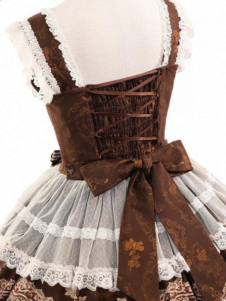 Vintage Brown Bear Symphony Theme Lolita JSK with Bow & Lace Accents - Twin Bear Original Design