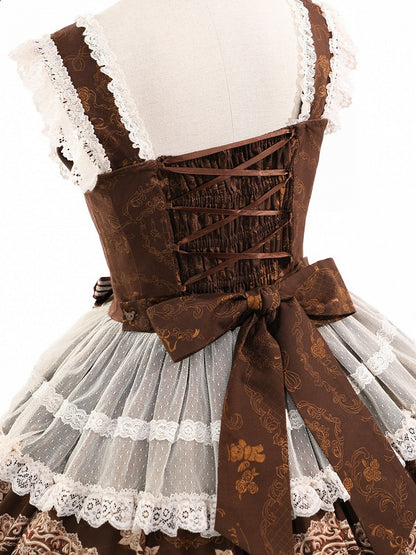 Vintage Brown Bear Symphony Theme Lolita JSK with Bow & Lace Accents - Twin Bear Original Design