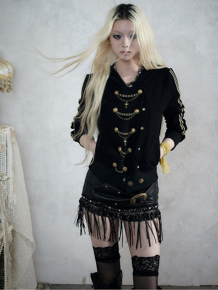 Black & Gold Double-Breasted Hooded Jacket with Chain Embroidery Details, Punk Fashion - NO ROMANCE