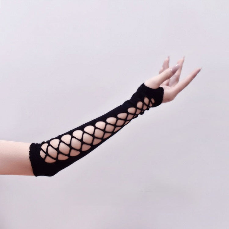 Long Gothic Gloves Black/White Punk Fishnet Style