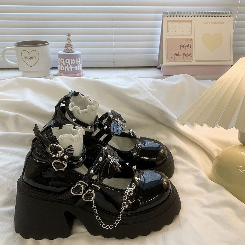 Dark Bat Y2K Punk Block-Heel Mary Jane Shoes – Gyaru Lolita Subculture Style