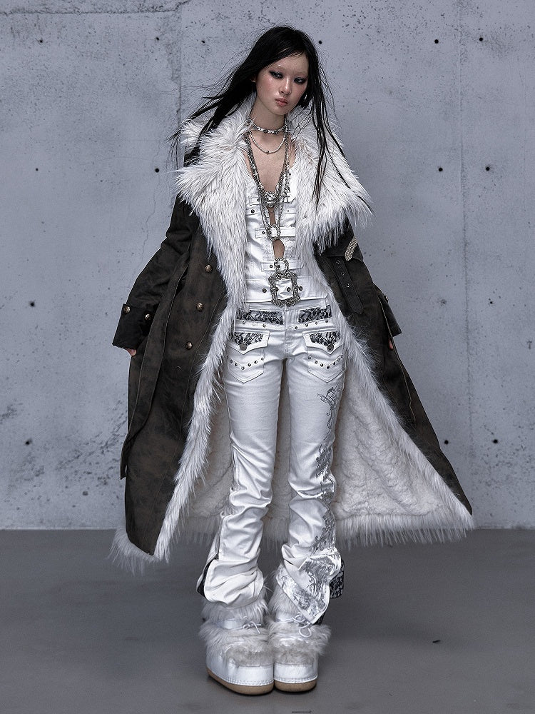 Embellishments Studded Jeans Punk Lace White Flare Silver with Vintage Details Slight